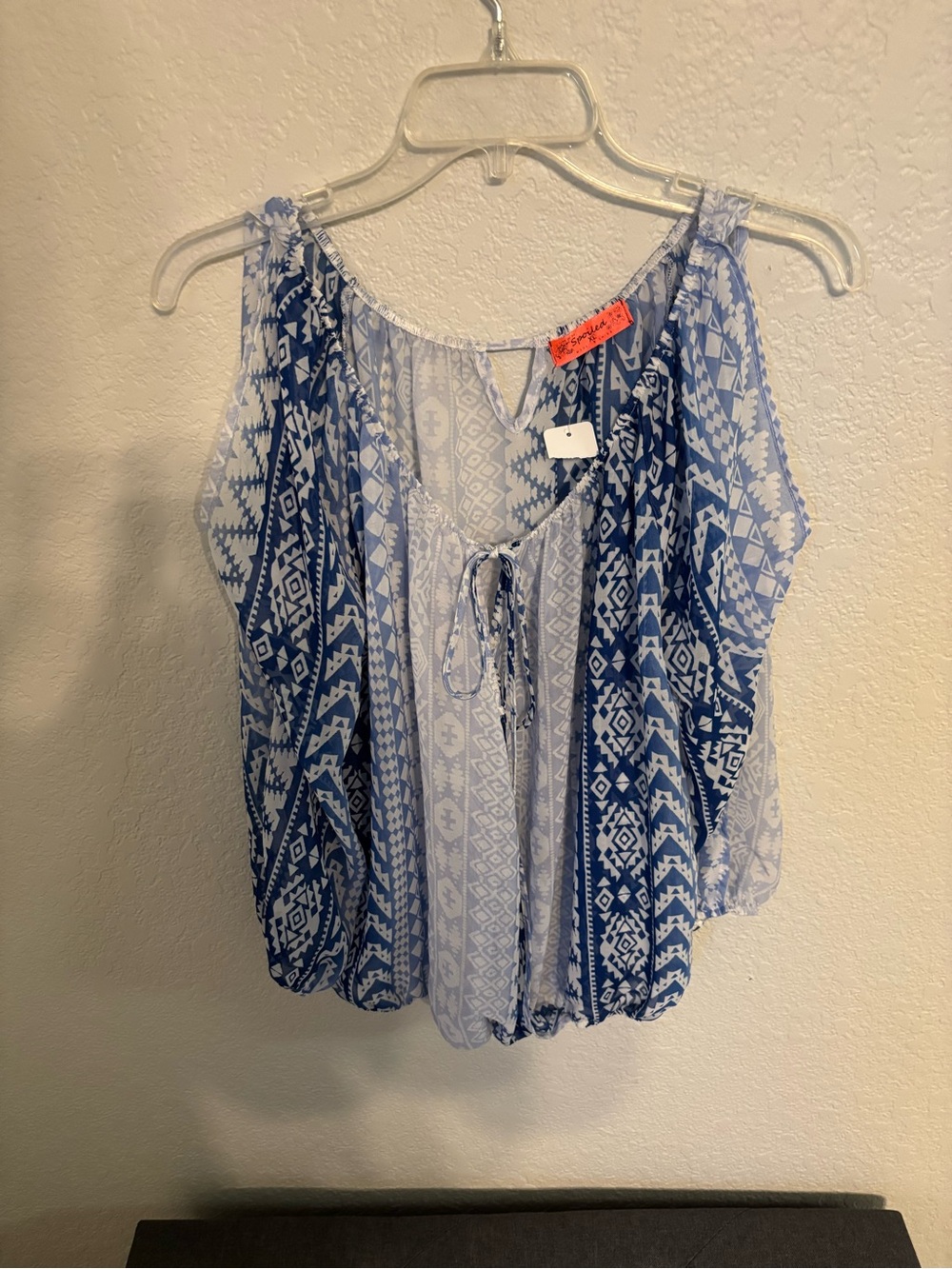 Spoiled Blue & White Cold-Shoulder Patterned Peasant Top